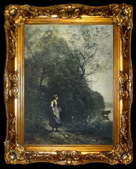 framed  Jean Baptiste Camille  Corot Landscape with a peasant Girl grazing a Cow at the Edge of a Forest, ta009-2